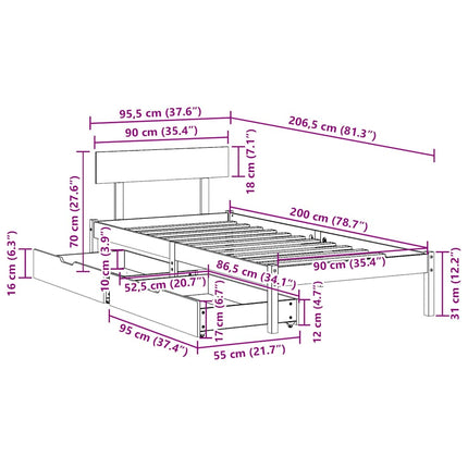 sengeramme uden madras 90x200 cm massivt fyrretræ hvid