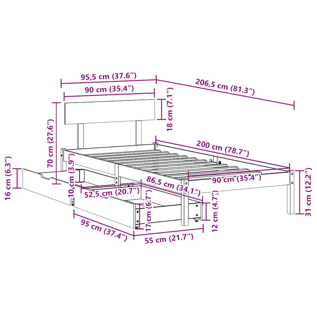 sengeramme uden madras 90x200 cm massivt fyrretræ hvid