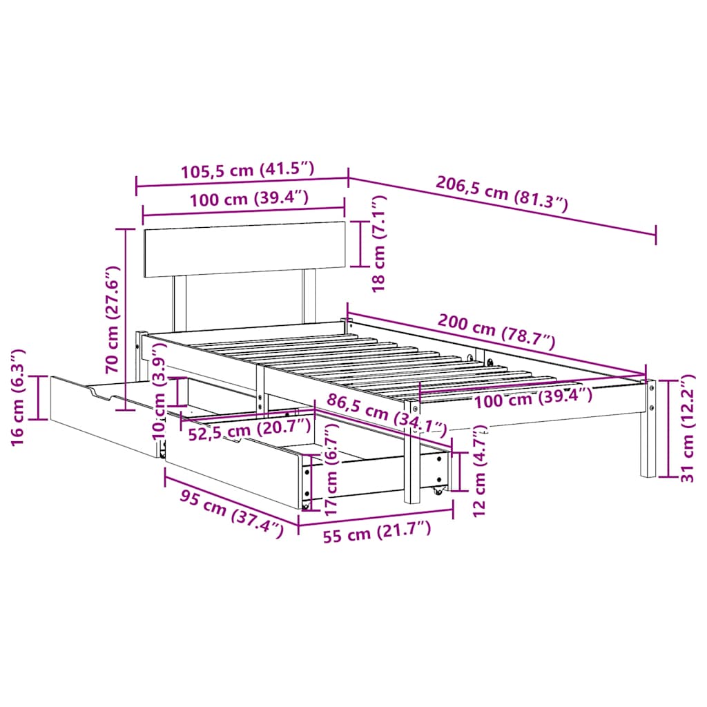 sengeramme uden madras 100x200 cm massivt fyrretræ hvid