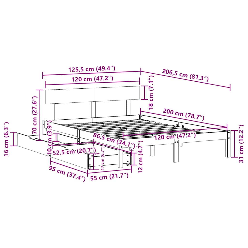 sengeramme uden madras 120x200 cm massivt fyrretræ hvid