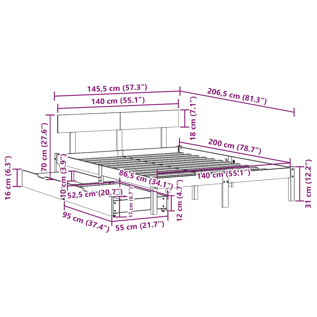 sengeramme uden madras 140x200 cm massivt fyrretræ hvid