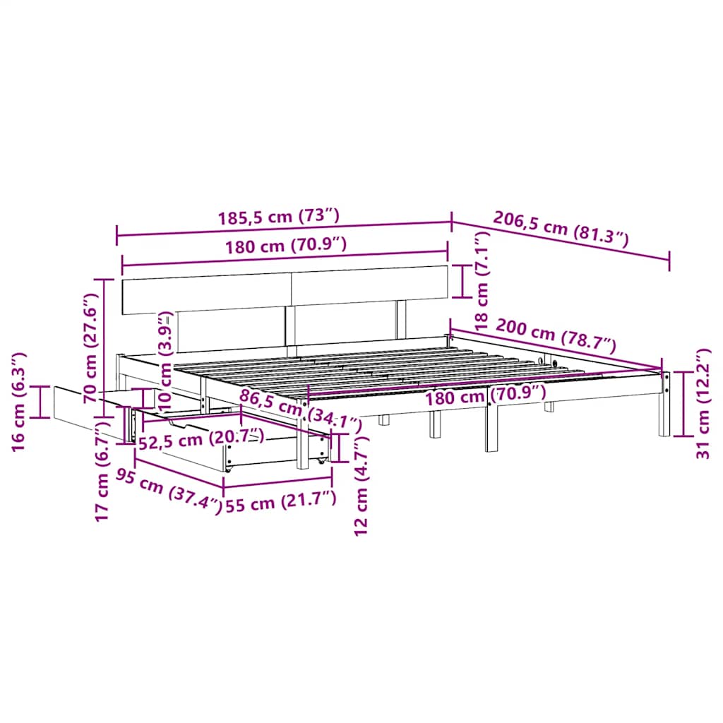sengeramme uden madras 180x200 cm massivt fyrretræ hvid