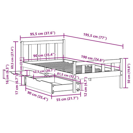 sengeramme uden madras 90x190 cm massivt fyrretræ