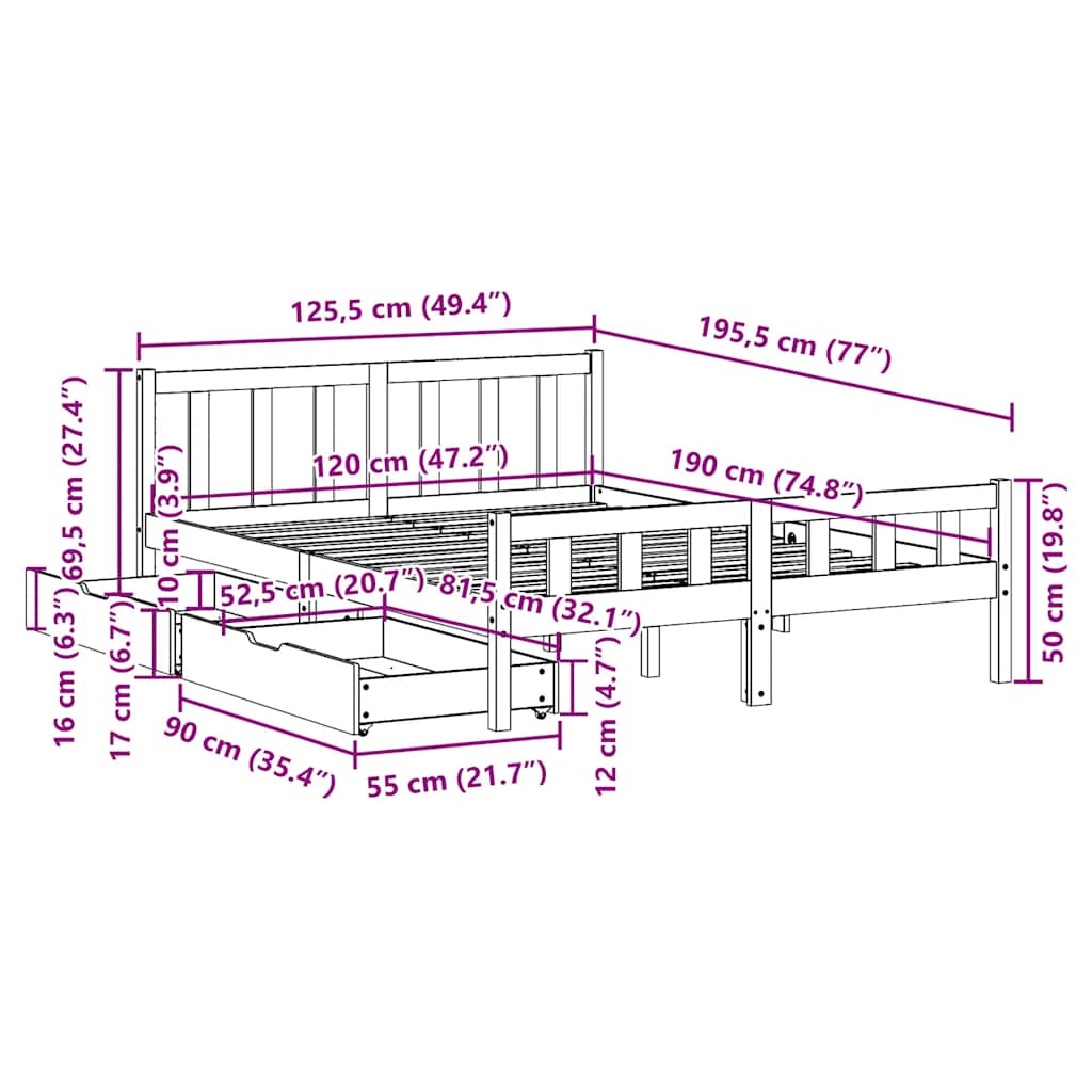 sengeramme uden madras 120x190 cm massivt fyrretræ
