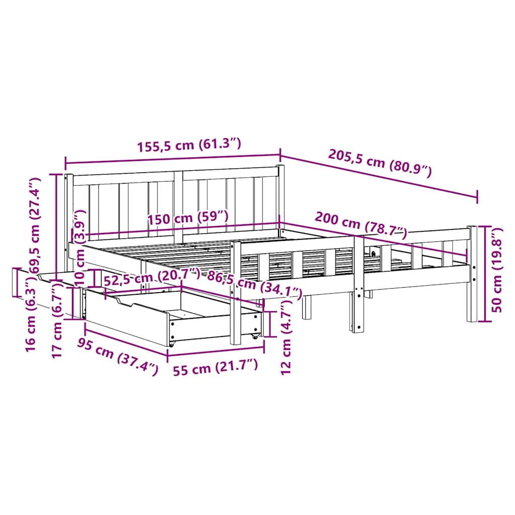 sengeramme uden madras 150x200 cm massivt fyrretræ hvid