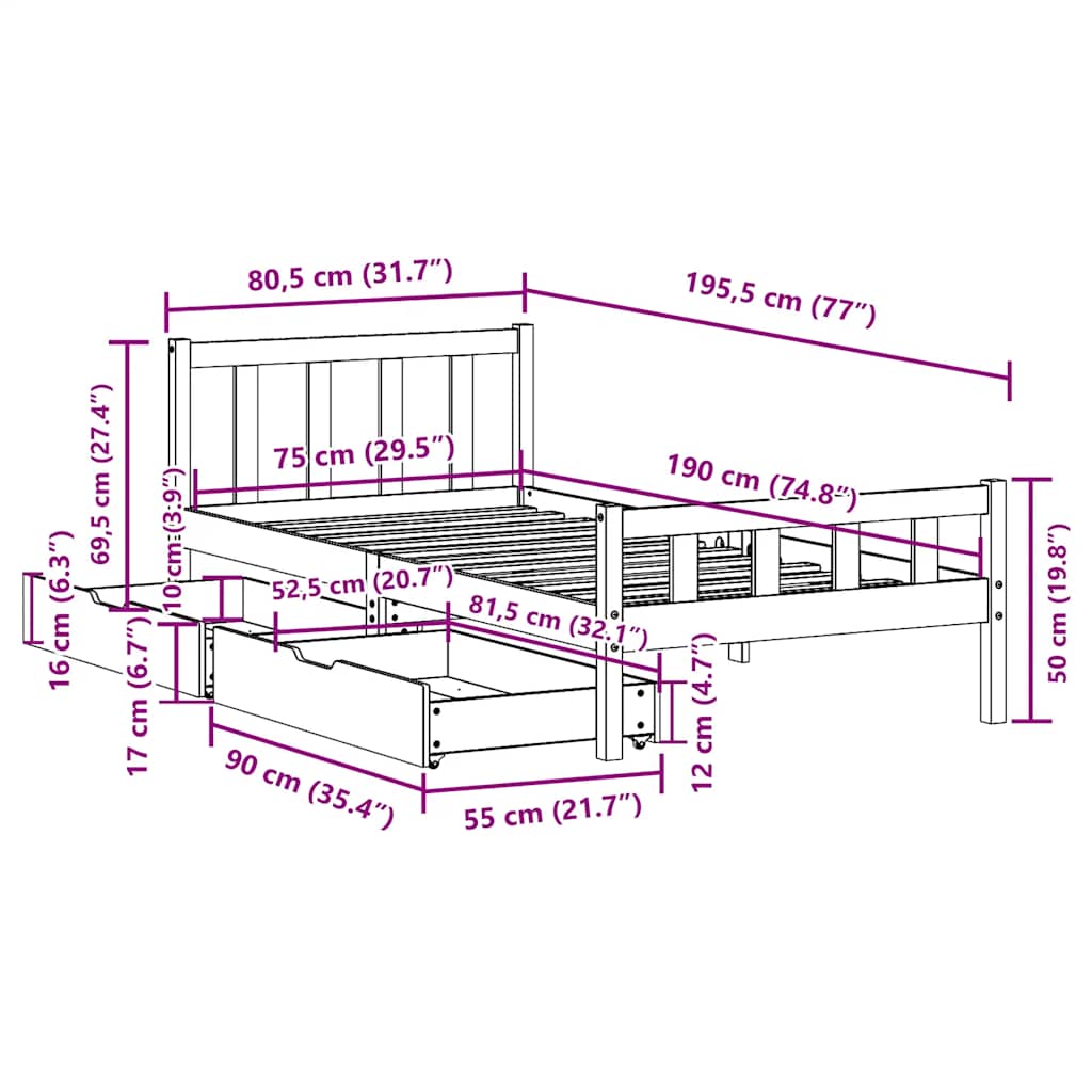 sengeramme uden madras 75x190 cm massivt fyrretræ gyldenbrun