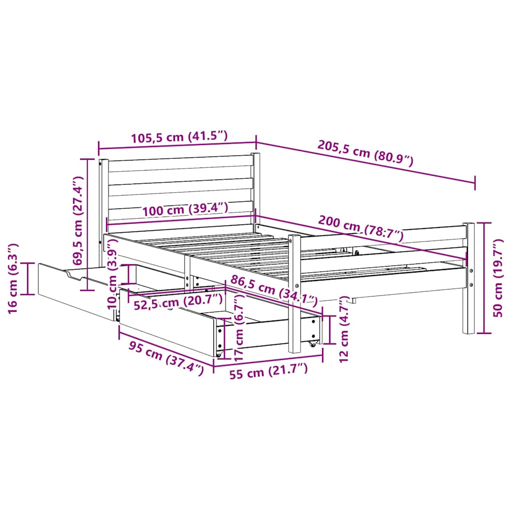 sengeramme uden madras 100x200 cm massivt fyrretræ hvid