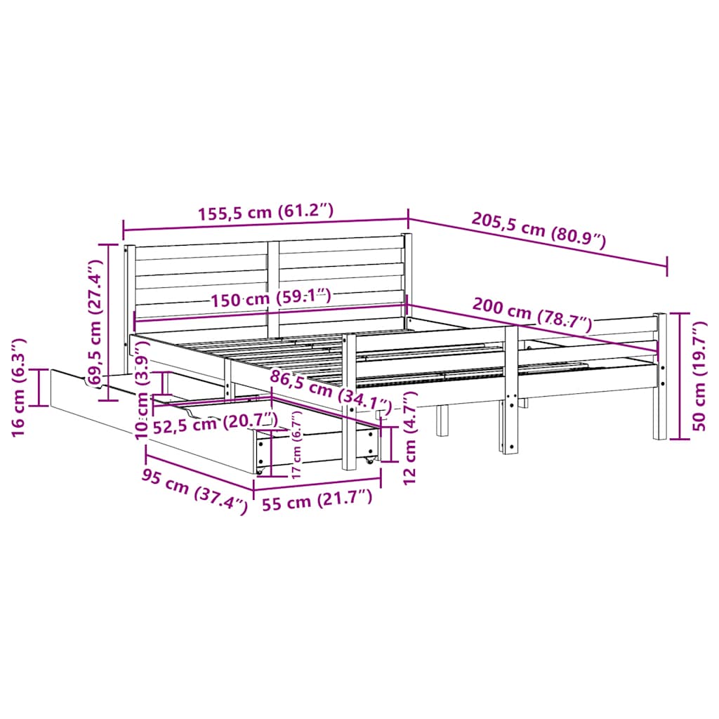 sengeramme uden madras 150x200 cm massivt fyrretræ hvid