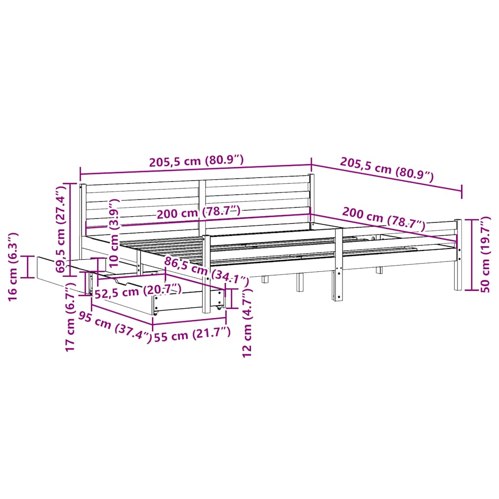 sengeramme uden madras 200x200 cm massivt fyrretræ hvid