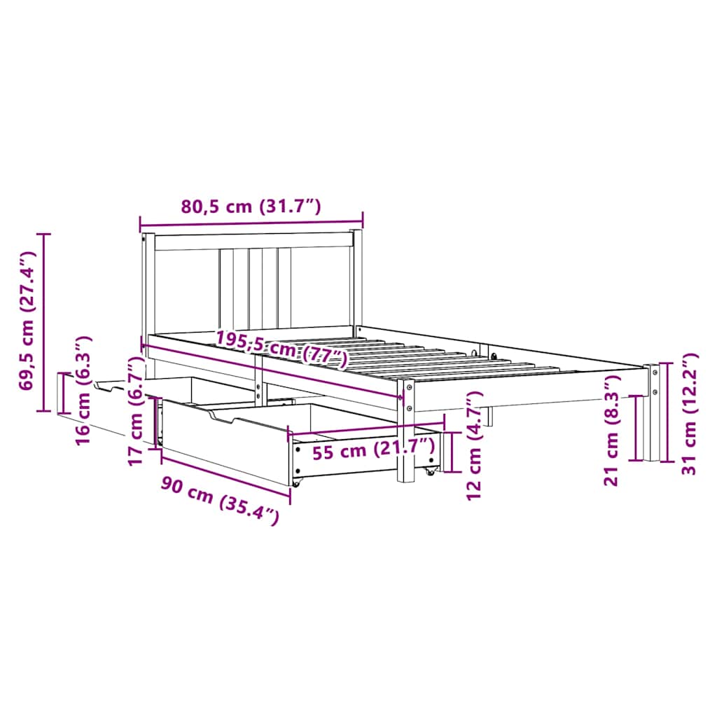 sengeramme uden madras 75x190 cm massivt fyrretræ