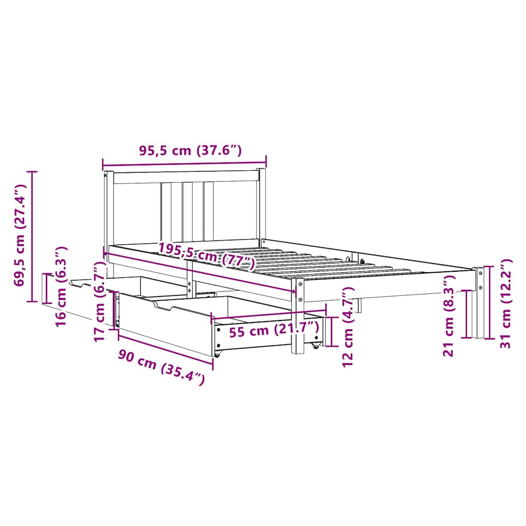 sengeramme uden madras 90x190 cm massivt fyrretræ
