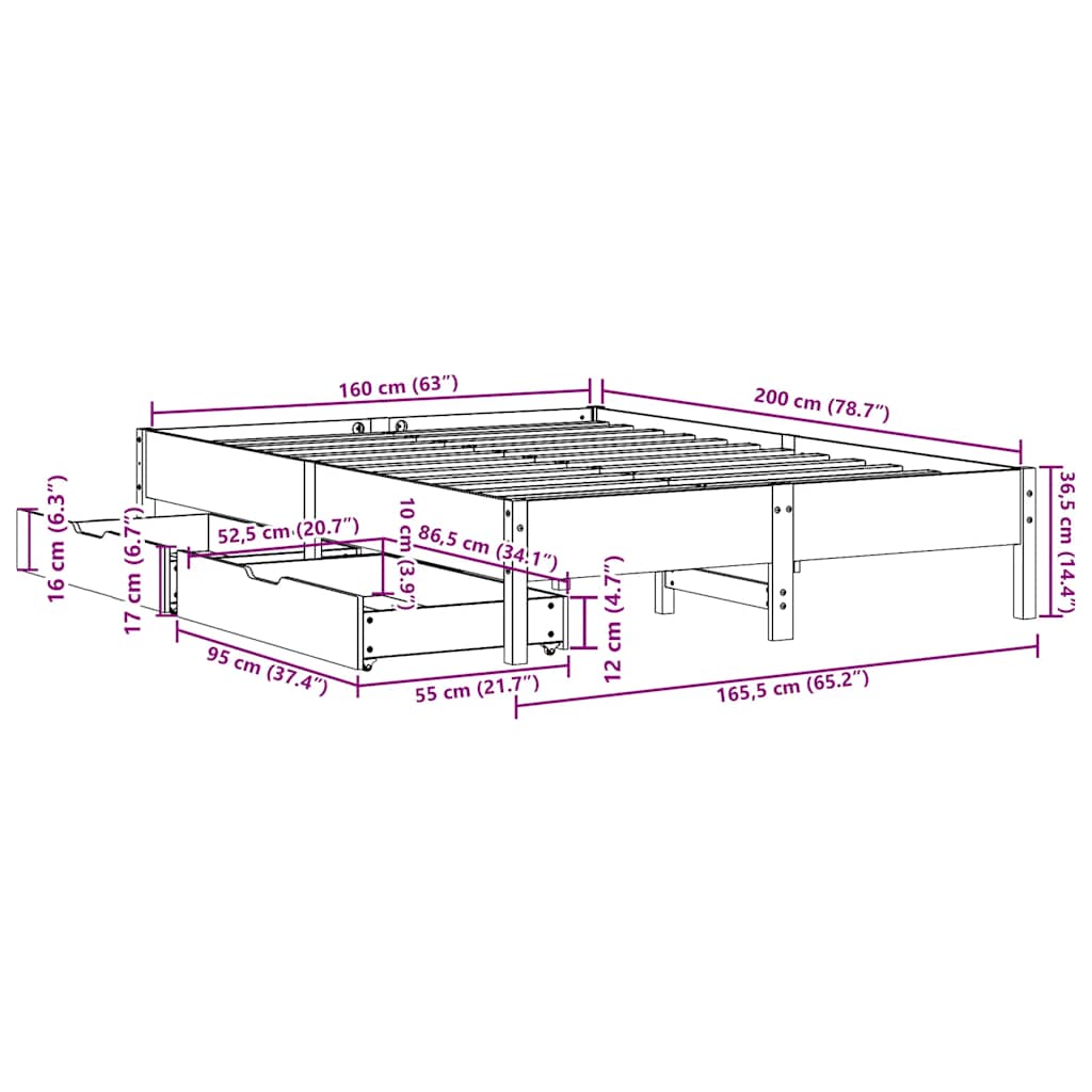 sengeramme uden madras 160x200 cm massivt fyrretræ hvid