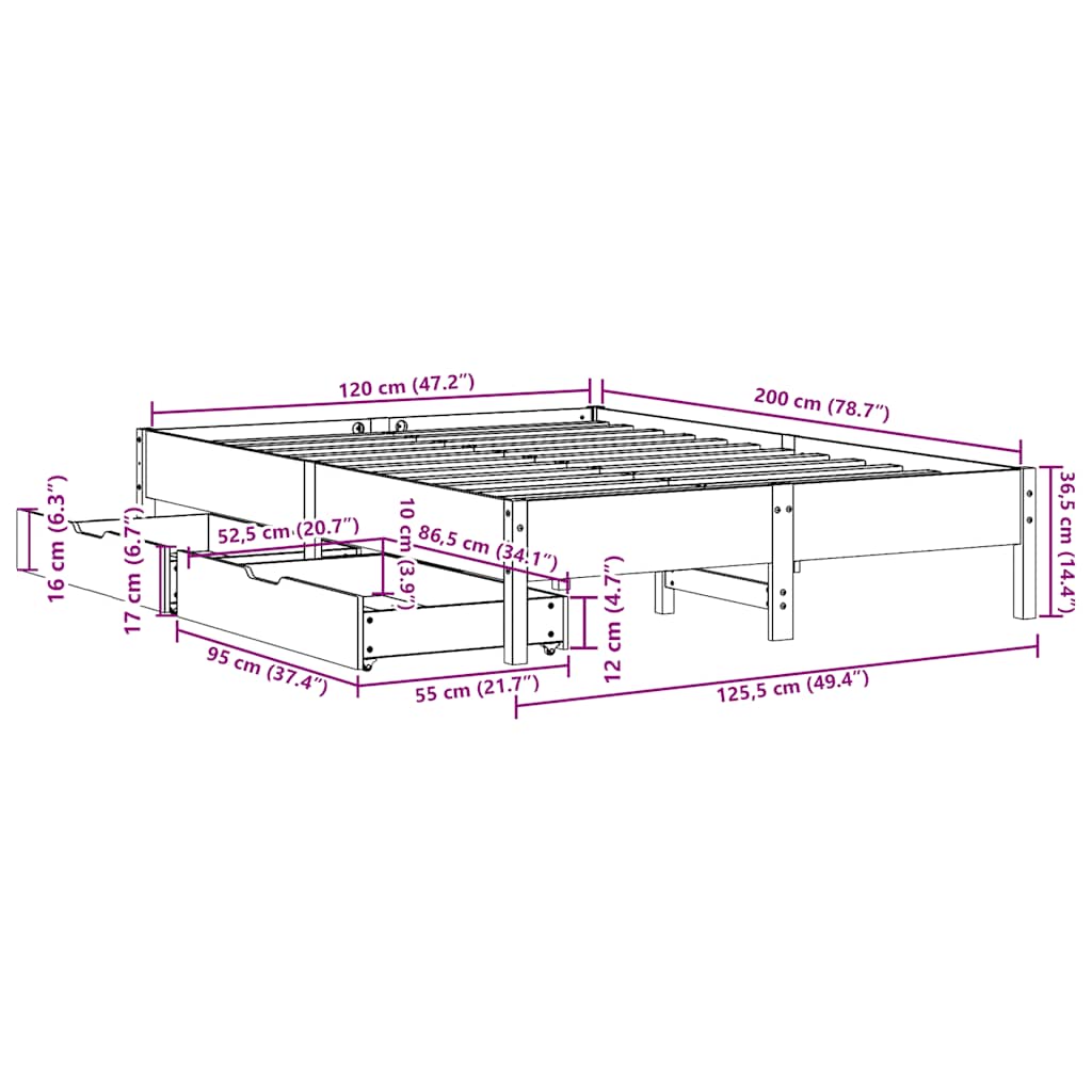 sengeramme uden madras 120x200 cm massivt fyrretræ hvid