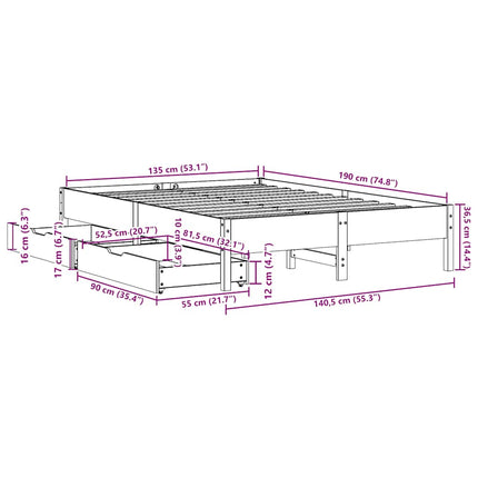 sengeramme uden madras 135x190 cm massivt fyrretræ hvid