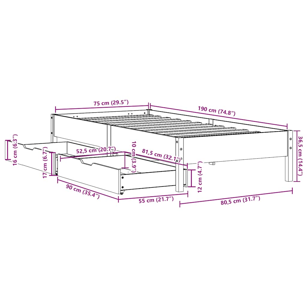 sengeramme uden madras 75x190 cm massivt fyrretræ hvid
