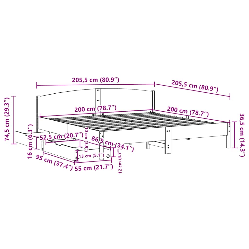 sengeramme uden madras 200x200 cm massivt fyrretræ hvid