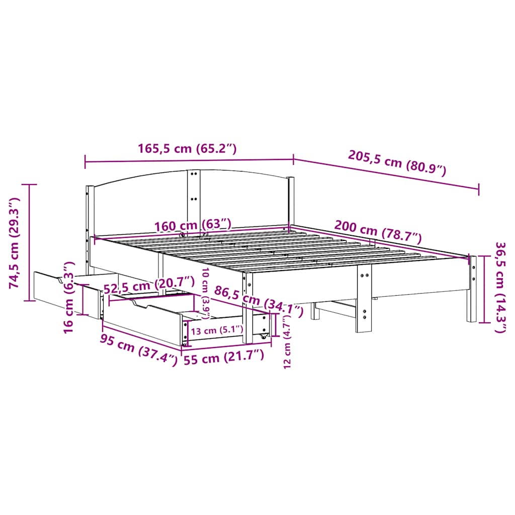sengeramme uden madras 160x200 cm massivt fyrretræ hvid