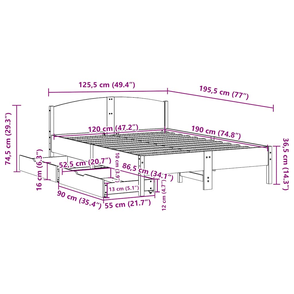sengeramme uden madras 120x190 cm massivt fyrretræ