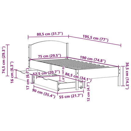 sengeramme uden madras 75x190 cm massivt fyrretræ