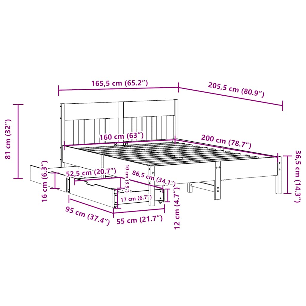 sengeramme uden madras 160x200 cm massivt fyrretræ hvid