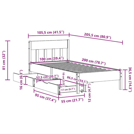 sengeramme uden madras 100x200 cm massivt fyrretræ hvid