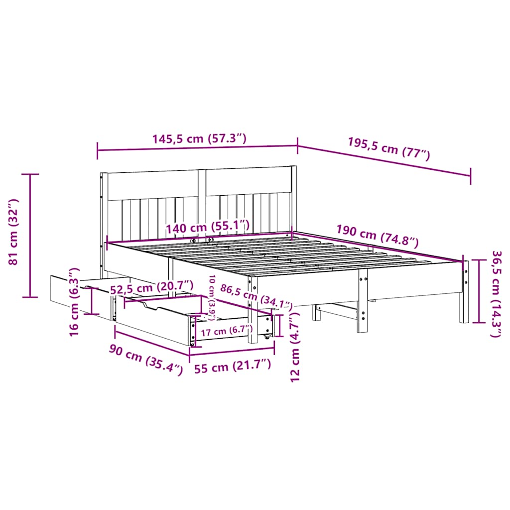 sengeramme uden madras 140x190 cm massivt fyrretræ