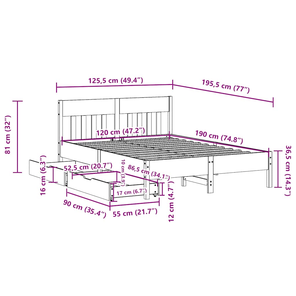 sengeramme uden madras 120x190 cm massivt fyrretræ