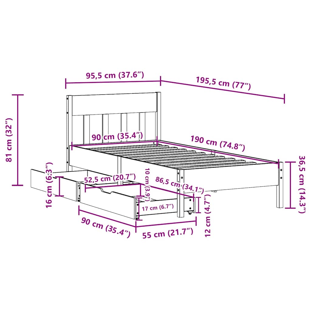 sengeramme uden madras 90x190 cm massivt fyrretræ hvid