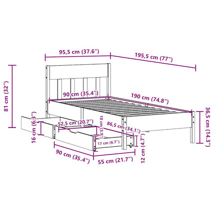 sengeramme uden madras 90x190 cm massivt fyrretræ gyldenbrun