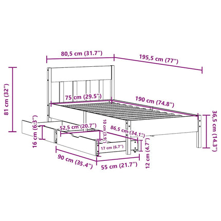 sengeramme uden madras 75x190 cm massivt fyrretræ