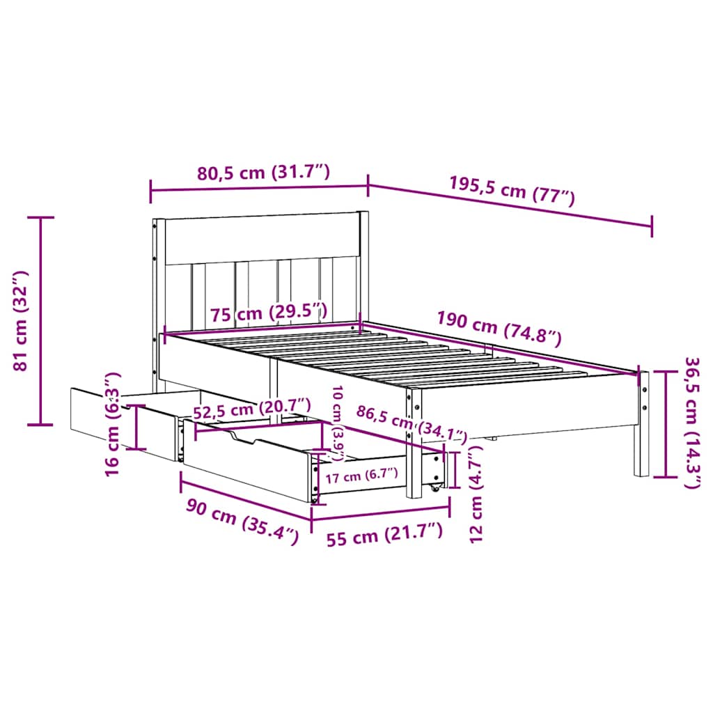 sengeramme uden madras 75x190 cm massivt fyrretræ