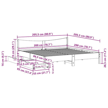 sengeramme med skuffer 200x200 cm massivt fyrretræ hvid