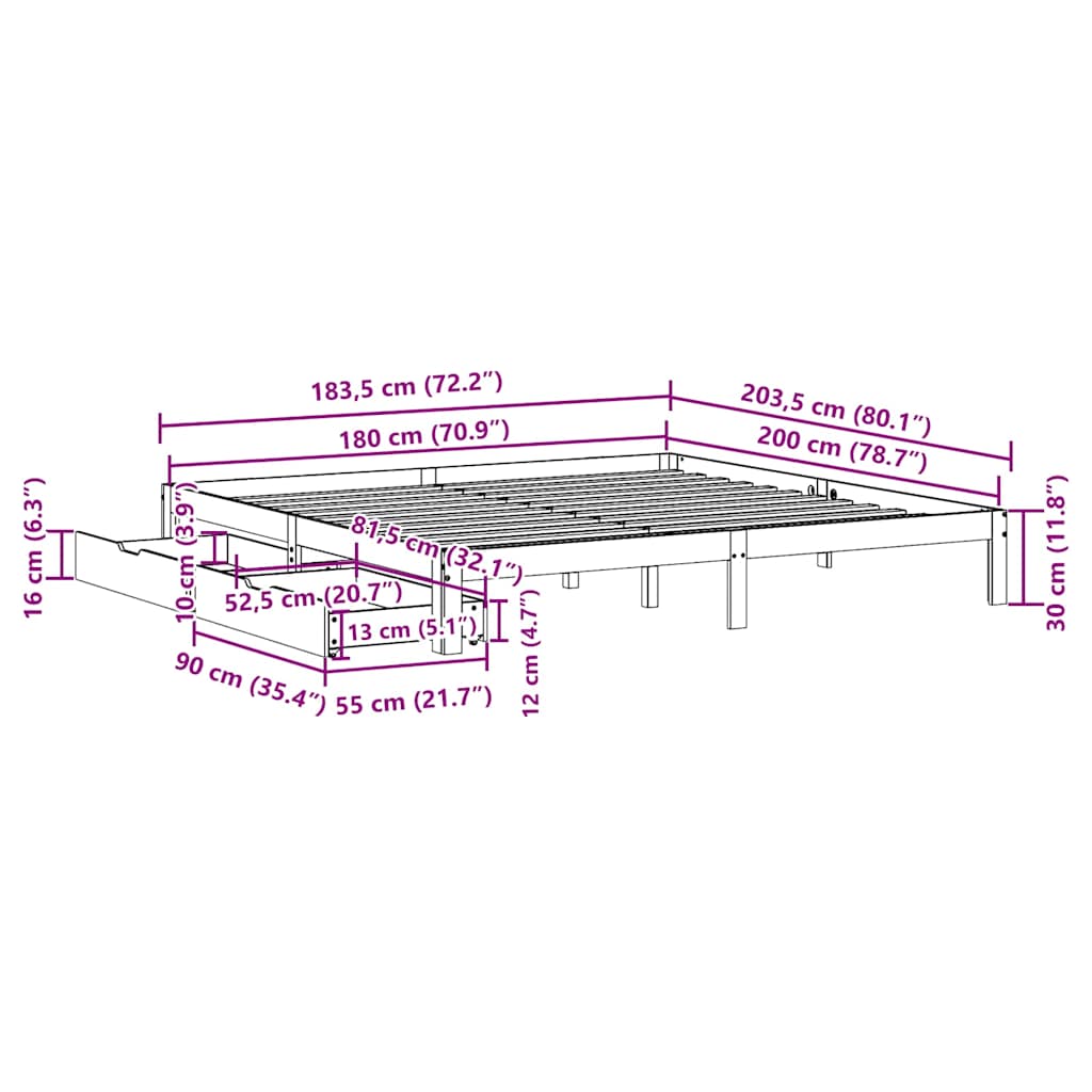 sengeramme med skuffer 180x200 cm massivt fyrretræ