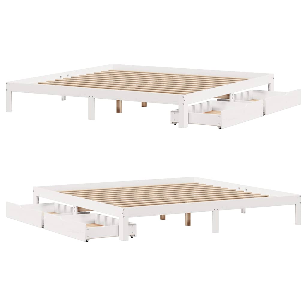 sengeramme med skuffer 200x200 cm massivt fyrretræ hvid