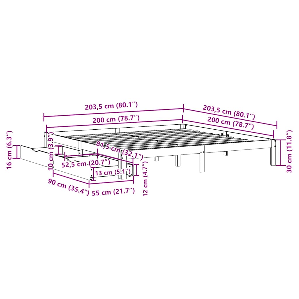sengeramme med skuffer 200x200 cm massivt fyrretræ hvid