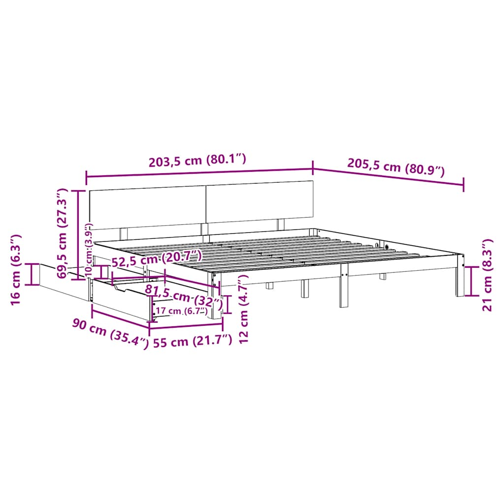 sengeramme med skuffer 200x200 cm massivt fyrretræ