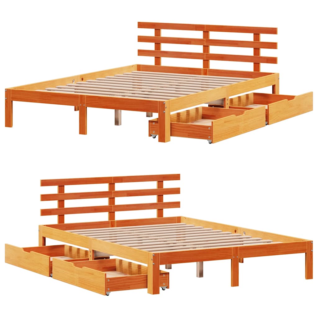 sengeramme med skuffer 150x200 cm massivt fyrretræ gyldenbrun