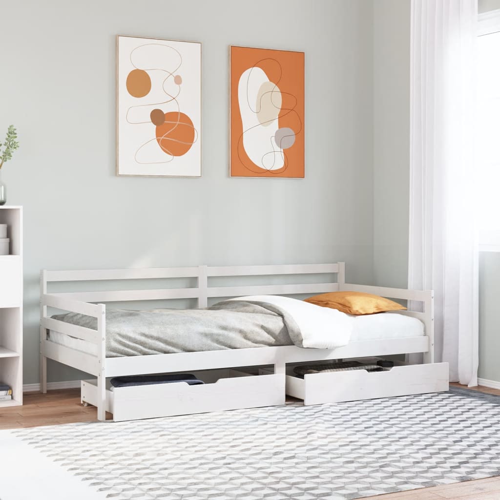 Daybed med skuffer 90×190 cm - massivt fyrretræ, hvid