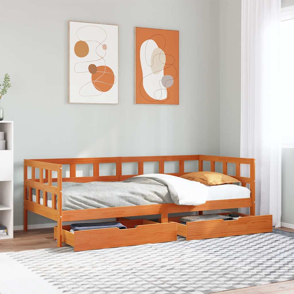 daybed med skuffer uden madras 90x200 cm massivt træ gyldenbrun billede