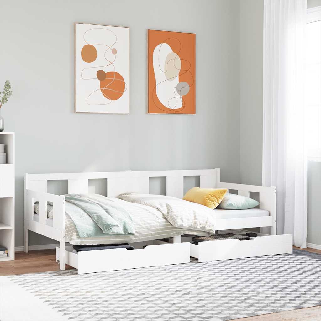 daybed med skuffer 90x190 cm massivt fyrretræ hvid billede