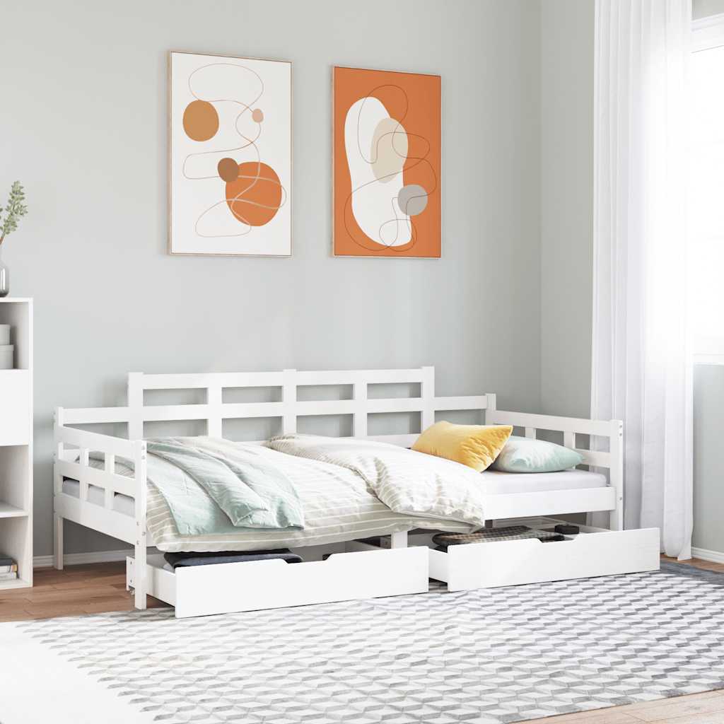 daybed med skuffer 90x190 cm massivt fyrretræ hvid billede