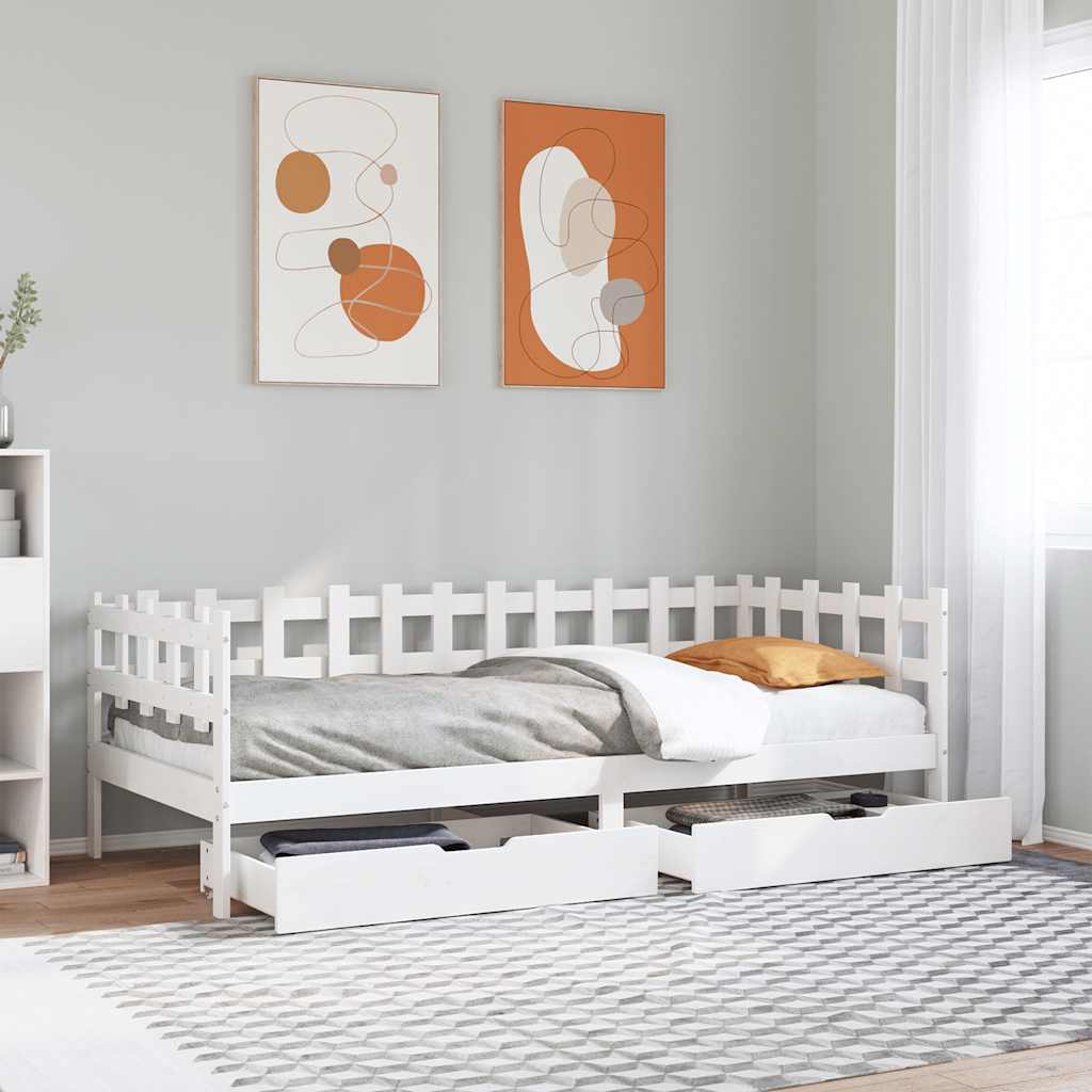 Daybed med skuffer 90×190 cm - massivt fyrretræ, hvid