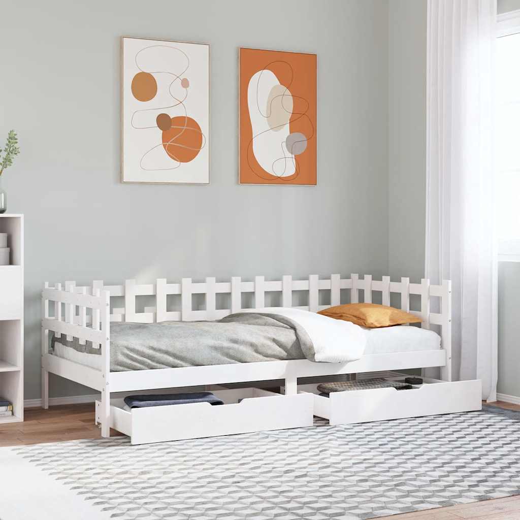 daybed med skuffer 90x190 cm massivt fyrretræ hvid billede