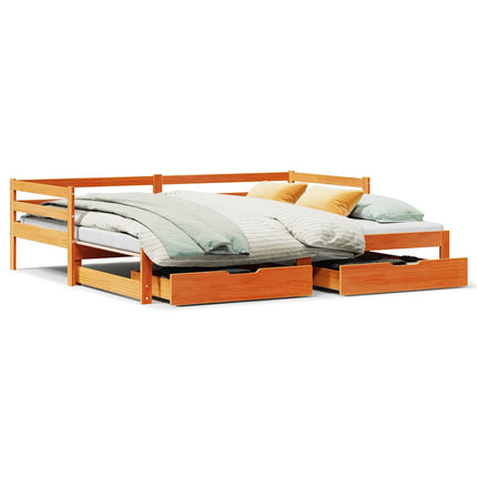 daybed med udtræk skuffer 90x200 cm massivt fyrretræ gyldenbrun