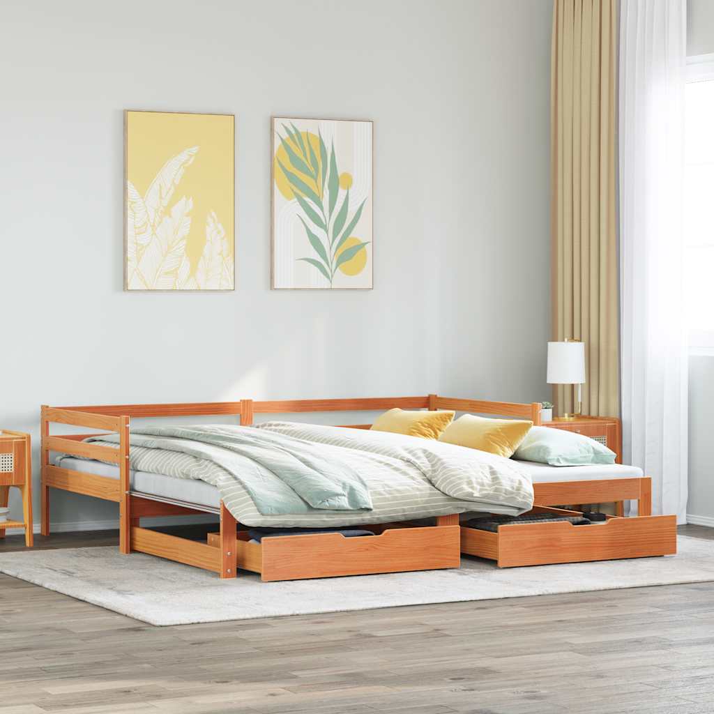 Daybed med udtræk og skuffer 90×200 cm - massivt fyrretræ, gyldenbrun