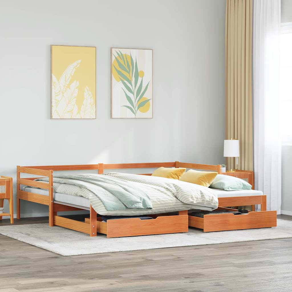 daybed med udtræk skuffer 90x190 cm massivt fyrretræ gyldenbrun billede