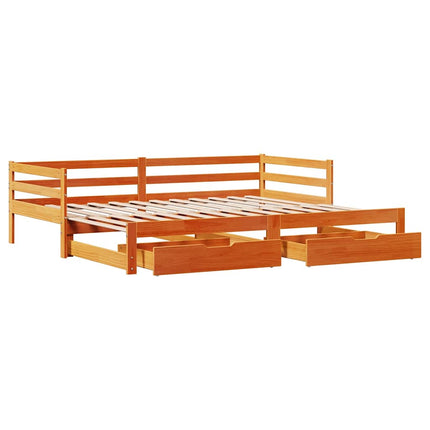 daybed med udtræk skuffer 80x200 cm massivt fyrretræ gyldenbrun