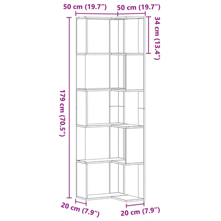 bogreol til hjørne 50x50x179cm 5hylder konstrueret træ betongrå