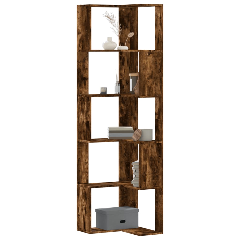 bogreol til hjørne 50x50x179cm 5hylder konstrueret træ røget eg