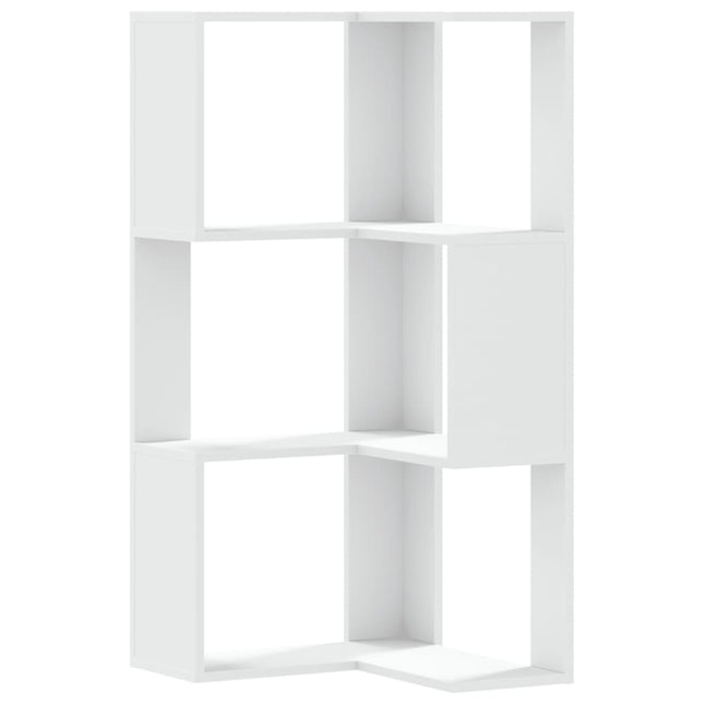bogreol til hjørne 50x50x102 cm 3 hylder konstrueret træ hvid